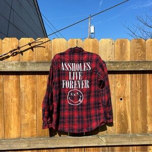 Assholes Live Forever red Plaid Button-Up Shirt size large men aesthetic